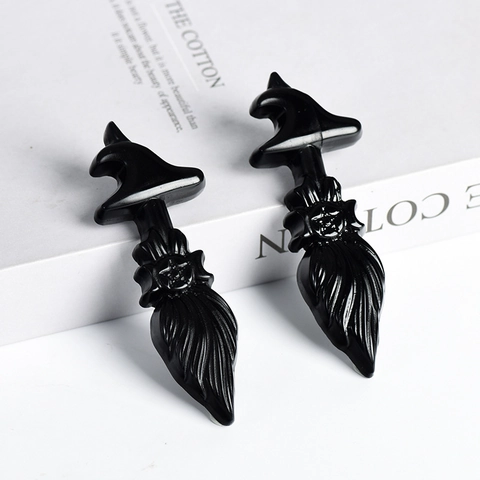Natur Schwarzer Obsidian Hexenbesen Ornament Mit Hexenhut Pentagramm Handgeschnitzte Kristallfigur Für Halloween Heim Büro Dekor