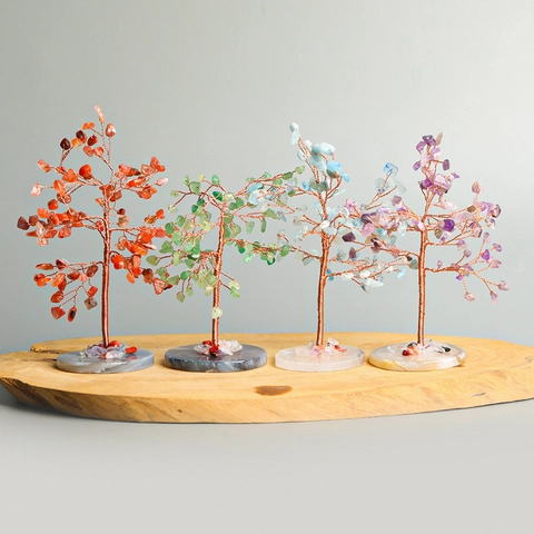Natural Crystal Money Tree With Agate Slice Base Handmade Copper Wire Wrapped Gemstone Tree For Feng Shui Home Office Decor