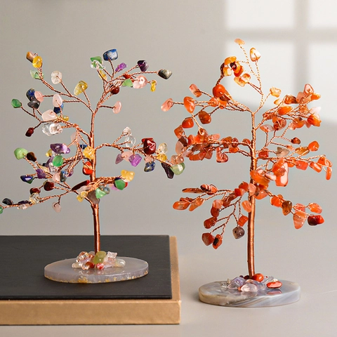 Natural Crystal Money Tree With Agate Slice Base Handmade Copper Wire Wrapped Gemstone Tree For Feng Shui Home Office Decor