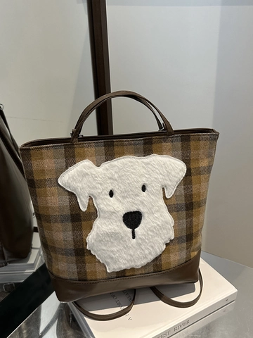 Borsa Tote Retro A Quadri Da Donna Grande Capacità Tela Pelle PU Ricamo Patch Animale Borsa A Mano Stile Preppy Spalla