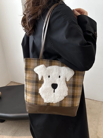 Borsa Tote Retro A Quadri Da Donna Grande Capacità Tela Pelle PU Ricamo Patch Animale Borsa A Mano Stile Preppy Spalla