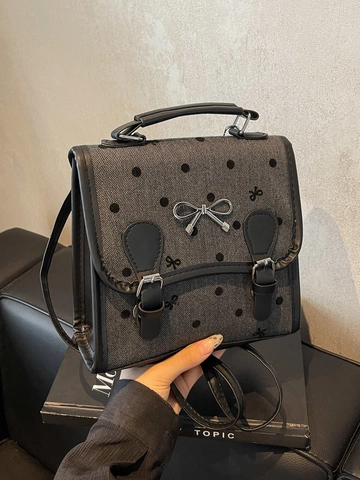 Women Retro Crossbody Bag PU Leather Heart Polka Dot Print Silver Bow Buckle Preppy Style Small Backpack Handbag