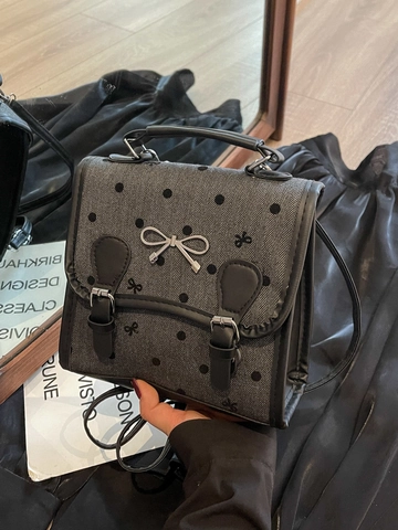 Women Retro Crossbody Bag PU Leather Heart Polka Dot Print Silver Bow Buckle Preppy Style Small Backpack Handbag