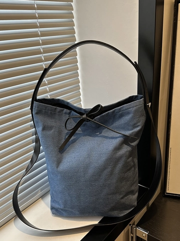 Denim Bucket Bag Grote Capaciteit Met Leren Band Strik Decor Casual Dames Schouder Tote Handtas