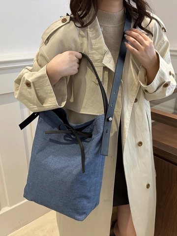 Denim Bucket Bag Grote Capaciteit Met Leren Band Strik Decor Casual Dames Schouder Tote Handtas