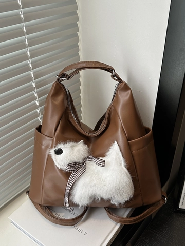 Zaino da Donna alla Moda in Pelle PU Grande Capacità Borsa a Tracolla Urbana Con Simpatico Cane di Peluche e Fiocco per Scuola Viaggio