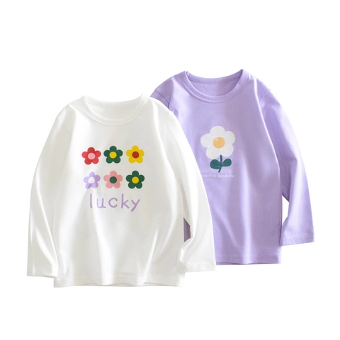 Camiseta De Manga Larga Para Niñas 100% Algodón Estampado Floral Cuello Redondo Suave Transpirable Casual
