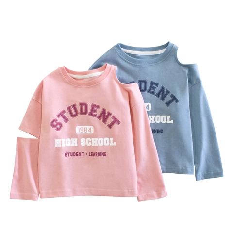 Maglietta In Cotone A Maniche Lunghe Da Ragazza Spalle Scoperte Stile Scolastico Stampa Lettere Top Casual