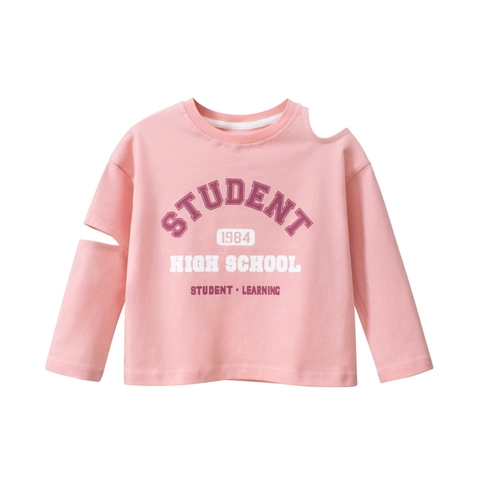 Maglietta In Cotone A Maniche Lunghe Da Ragazza Spalle Scoperte Stile Scolastico Stampa Lettere Top Casual