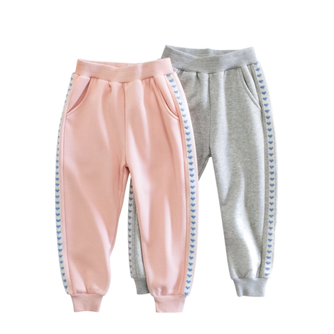 Girls Fleece Lined Joggers Heart Pattern Side Tape Elastic Waist Cotton Blend Sweatpants Casual Autumn Winter