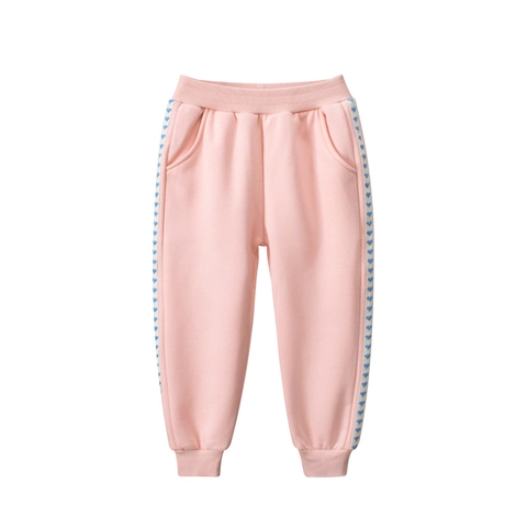 Girls Fleece Lined Joggers Heart Pattern Side Tape Elastic Waist Cotton Blend Sweatpants Casual Autumn Winter