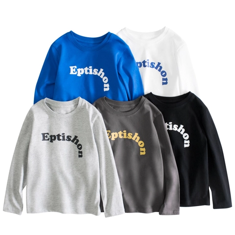 Kids Long Sleeve Cotton T-Shirt Korean Style Letter Print Round Neck Casual Pullover Top For Boys Girls Everyday Wear