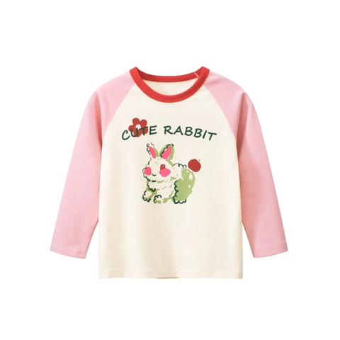 Maglietta Manica Lunga Ragazza Cotone Maniche Raglan Simpatica Stampa Coniglio Cartone Animato Stile Coreano Top Morbidi