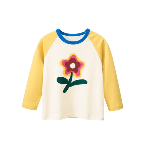 Camiseta De Manga Larga Para Niñas Puro Algodón Manga Ranglán Color De Contraste Estampado Floral Top Casual