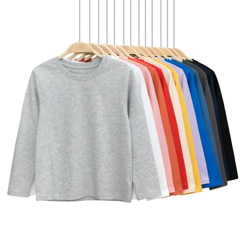 Kids 100% Cotton Long Sleeve T-Shirt Basic Solid Color Round Neck Top For Boys Girls Youth Casual Everyday Undershirt