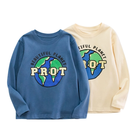 T-Shirt À Manches Longues Pour Enfants En Coton Peigné Imprimé Terre Beautiful Planet Pull Respirant Col Rond Haut