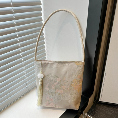 Borsa A Tracolla Jacquard Stile Cinese Retrò Donna Ricamo Raso Motivo Paesaggio Ciondolo Nappa Borsa A Mano Sottobraccio Vintage