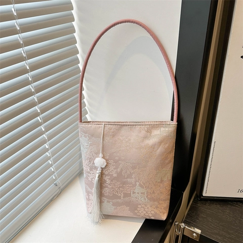 Vintage New Chinese Style Satin Jacquard Shoulder Bag Floral Embroidered Underarm Bag With Tassel For Women Daily Accessories