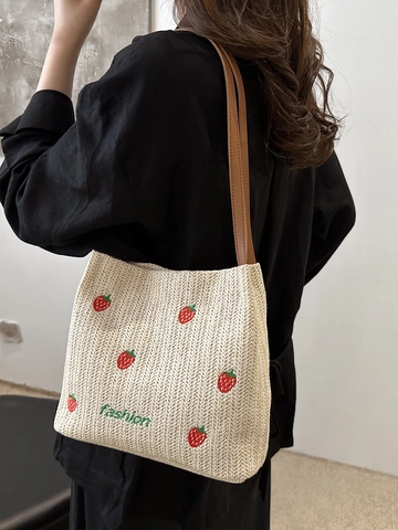 Sac Seau En Paille Tissée Avec Broderie De Fraises Mode Été Plage Vacances Sac À Bandoulière Pour Femmes