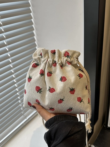 Women Cute Strawberry Print Corduroy Mini Bucket Bag Casual Drawstring Shoulder Crossbody Bag Small Floral Travel Pouch