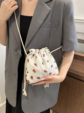 Women Cute Strawberry Print Corduroy Mini Bucket Bag Casual Drawstring Shoulder Crossbody Bag Small Floral Travel Pouch