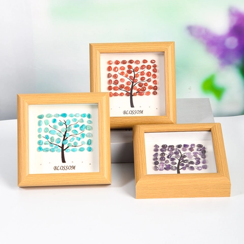 Naturkristall Stein Chips Lebensbaum Dekorative Bilderrahmen Holz Desktop Ornament Handgemachte Heilsteine Kunst