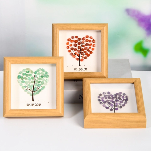 Heart Shape Crystal Stone Tree Picture Frame Blossom Minimalist Wood Shadow Box Home Decor Tabletop Gift Ornament