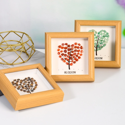 Heart Shape Crystal Stone Tree Picture Frame Blossom Minimalist Wood Shadow Box Home Decor Tabletop Gift Ornament