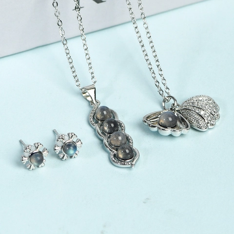 Elegant Moonstone Jewelry Set 925 Sterling Silver Post Shell Pea Pod Pendant Necklace Snowflake Stud Earrings Women Jewelry