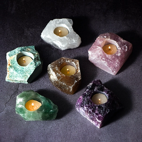 Natural Crystal Candle Holder Raw Stone Tealight Base Amethyst Rose Quartz Fluorite Irregular Desktop Decoration