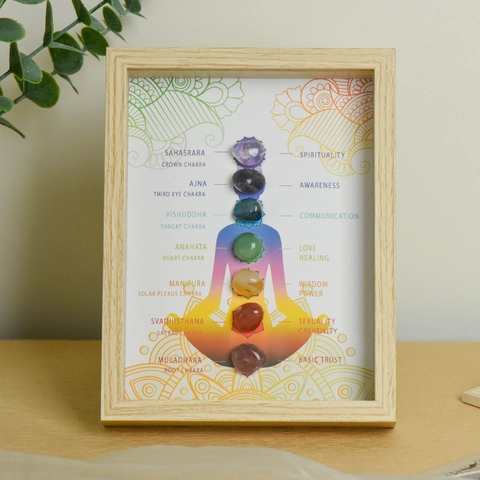 7 Chakra Healing Crystal Stone Wooden Picture Frame LED Light Up Yoga Meditation Shadow Box Spiritual Home Decor Accent