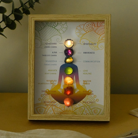 7 Chakra Healing Crystal Stone Wooden Picture Frame LED Light Up Yoga Meditation Shadow Box Spiritual Home Decor Accent