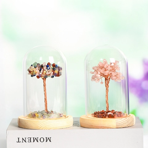 Albero di Cristallo Naturale Albero dei Soldi Schegge di Pietre Curative Con Cupola di Vetro LED Luminoso Base in Legno Ornamento