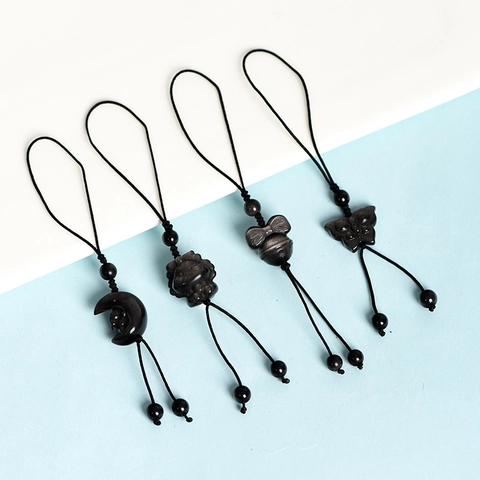 Pendaglio In Ossidiana Argentata Naturale Per Decorazione Telefono E Borsa Varie Forme Con Cordino Intrecciato Nero
