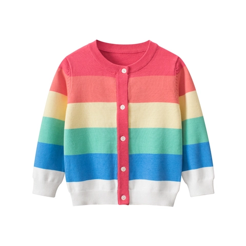 Meisjes Regenboog Gestreepte Gebreide Vest Trui 100% Katoen Ronde Hals Knoopsluiting Lange Mouw Herfst Outwear Voor Kinderen
