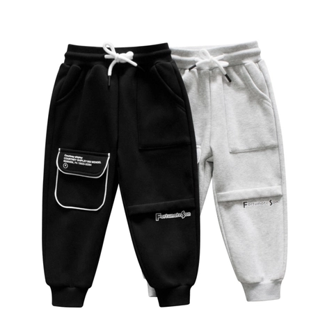 Pantaloni Sportivi Bambini Misto Cotone Foderati In Pile Joggers Invernale Vita Coulisse Tasche Cargo Stampa Lettere Casual