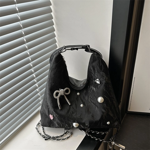 Bolso de Hombro de PU de Moda para Mujer Con Lazo de Strass y Decoración de Perlas Artificiales Diseño Plisado Bolso Tote para Uso Diario