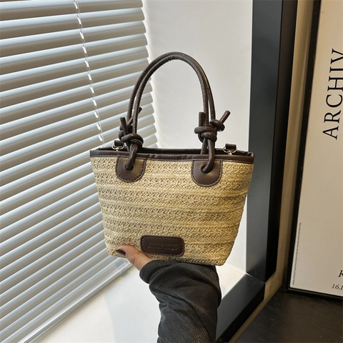 Large Capacity Woven Straw Tote Bag For Women Casual Summer Beach Shoulder Bag With PU Leather Trim And Knot Handle