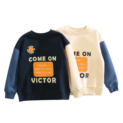 Sweatshirt Doublé en Polaire pour Enfants Color Block Impression de Lettres Mélange de Coton Pullover Manches Longues Top Garçons