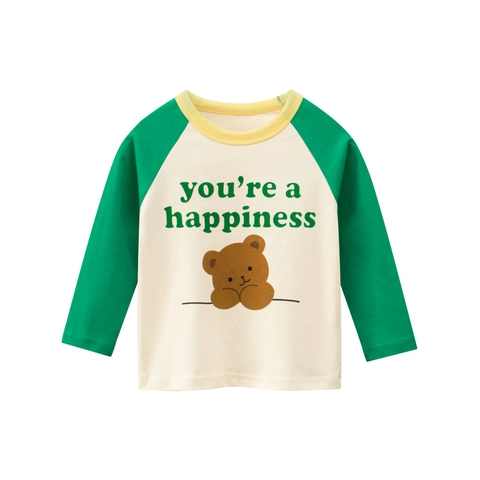 Kids Long Sleeve Raglan T-Shirt Cotton Cartoon Bear Cloud Slogan Print Round Neck Casual Top For Boys Girls