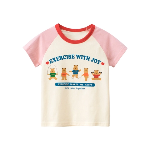 Kinder Mädchen Baumwolle Cartoon Bär Raglan Kurzarm T-Shirt Lässig Sport Druck Sommer Atmungsaktiv Top Beige Rosa Kleidung
