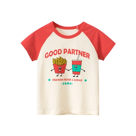 Girls Cotton T-Shirt Raglan Short Sleeve Crew Neck Retro Cartoon French Fries Print Summer Casual Kids Top
