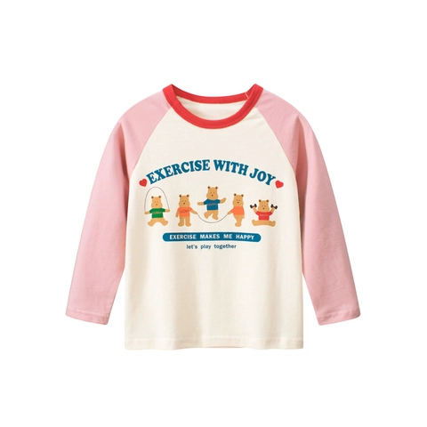 Maglietta A Maniche Lunghe Da Ragazza In Cotone Maniche Raglan Girocollo Stampa Orso Cartone Animato Top Casual