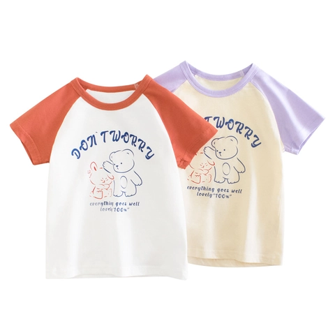 Kids Raglan Sleeve T-Shirt 100% Cotton Cute Cartoon Bear Rabbit Print Short Sleeve Top For Girls Casual Summer Apparel