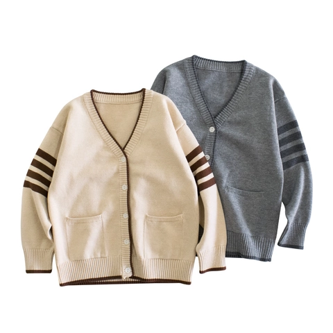 Kinderen Katoen Mix Cardigan Vest V Hals Gestreepte Mouwen Zakken Geribbelde Afwerking Preppy Stijl Gebreide Kleding
