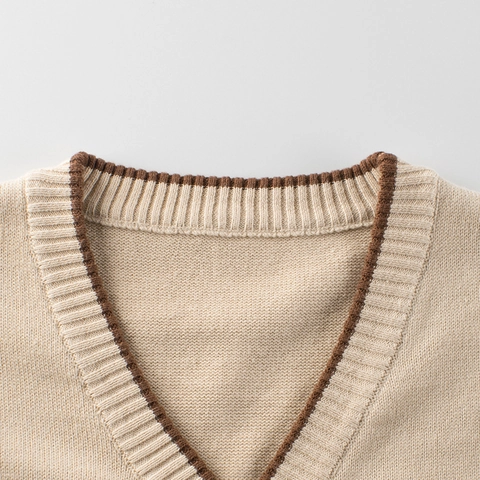 Kinderen Katoen Mix Cardigan Vest V Hals Gestreepte Mouwen Zakken Geribbelde Afwerking Preppy Stijl Gebreide Kleding