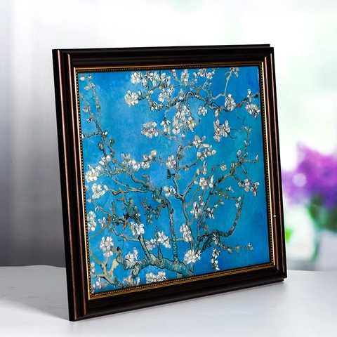 3D Crystal Crushed Stone Painting Frame Van Gogh Almond Blossoms Relief Art Wall Decor Modern Minimalist Home Ornament Gift