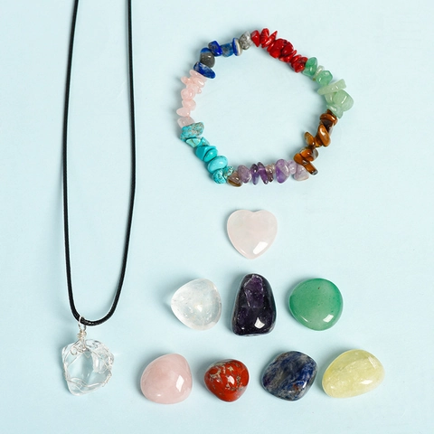 7 Chakra Heilkristall Stein Geschenk Set Mit Bergkristall Anhänger Halskette Natursteine Amethyst Yoga Meditation