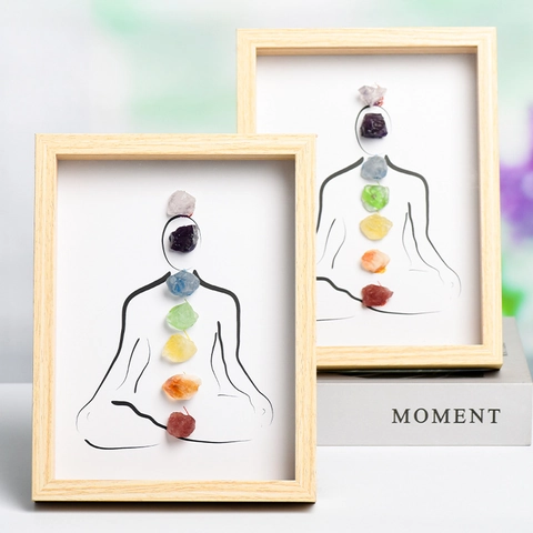 Seven Chakra Natural Crystal Raw Stone LED Photo Frame Meditation Yoga Zen Healing Tabletop Wood Picture Frame Night Light Gift