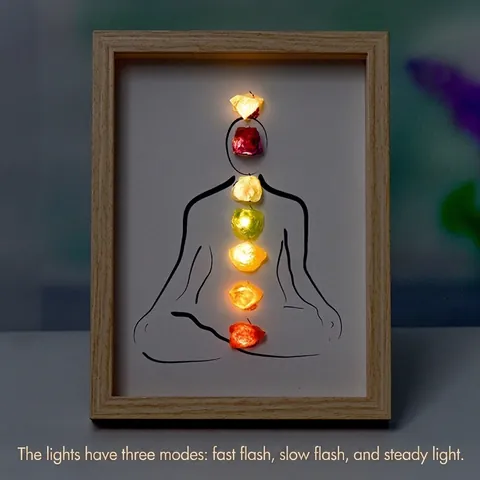 Seven Chakra Natural Crystal Raw Stone LED Photo Frame Meditation Yoga Zen Healing Tabletop Wood Picture Frame Night Light Gift
